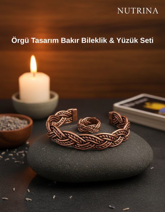 Nutrina Örgü Tasarım Bakır Bileklik & Yüzük Seti – Doğal, Güçlü ve Zamansız