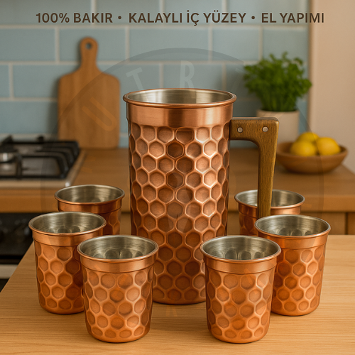 NUTRİNA-El Yapımı Kalaylı Bakır Sürahi & Bardak Seti (6+1)